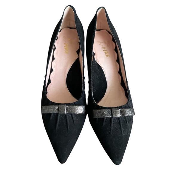 Miss L Fire Marilyn Pointed Toe Black Suede Kitten Heel 1950s Sz 40 Retro Bow EC - Picture 1 of 16